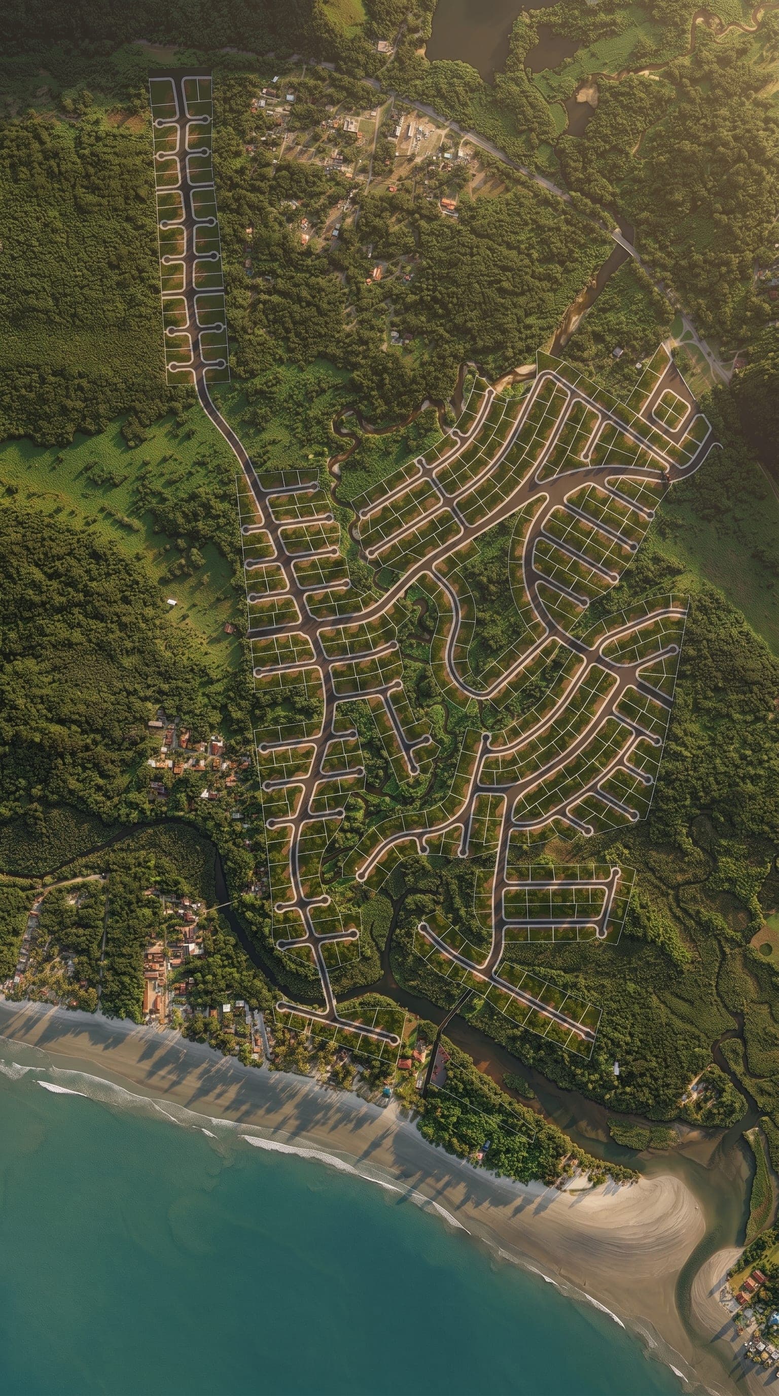 Loteamento de alto padrão renderizado sobre imagem aérea real